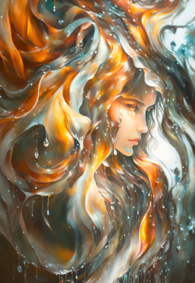 Fluid, fiery surreal portrait of a woman with blended hair and surroundings