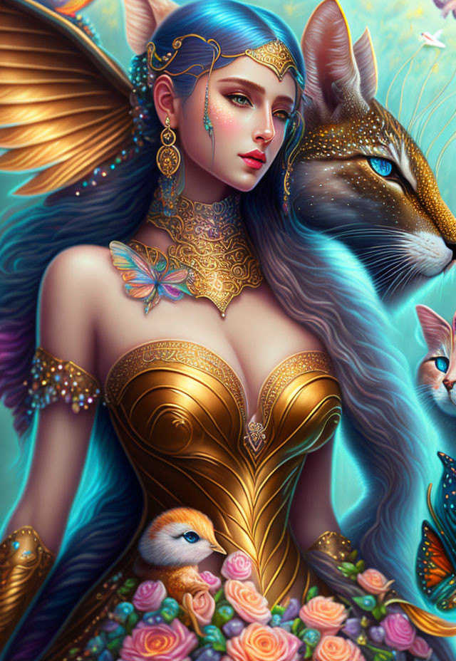 Blue-haired fairy with golden jewelry, giant cat, chick, and vibrant flowers.