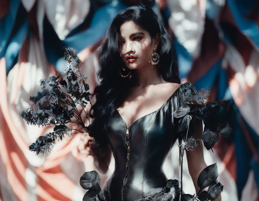 Dark-haired woman in corset dress holds branch on blurred background