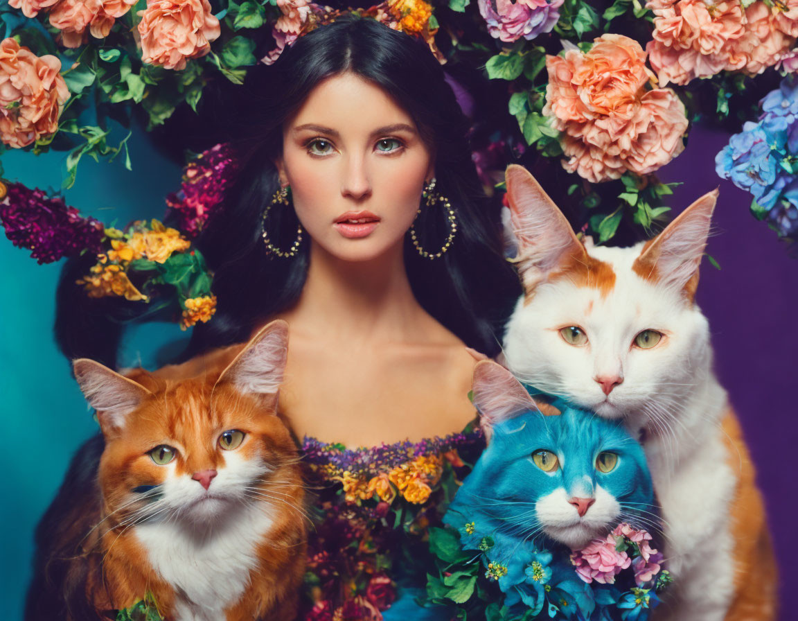 Dark-Haired Woman with Colorful Cats and Vibrant Flowers