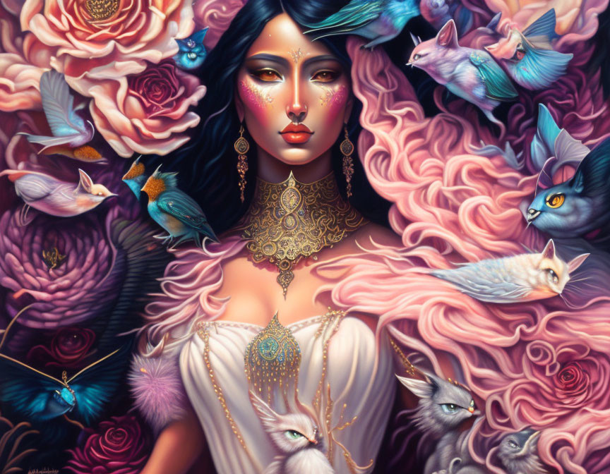 Fantastical portrait of woman with vibrant makeup, jewelry, flowers, birds, and cats in pink