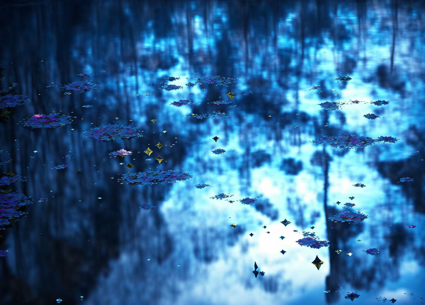 Mystical blue forest with flowers and butterflies reflected in water