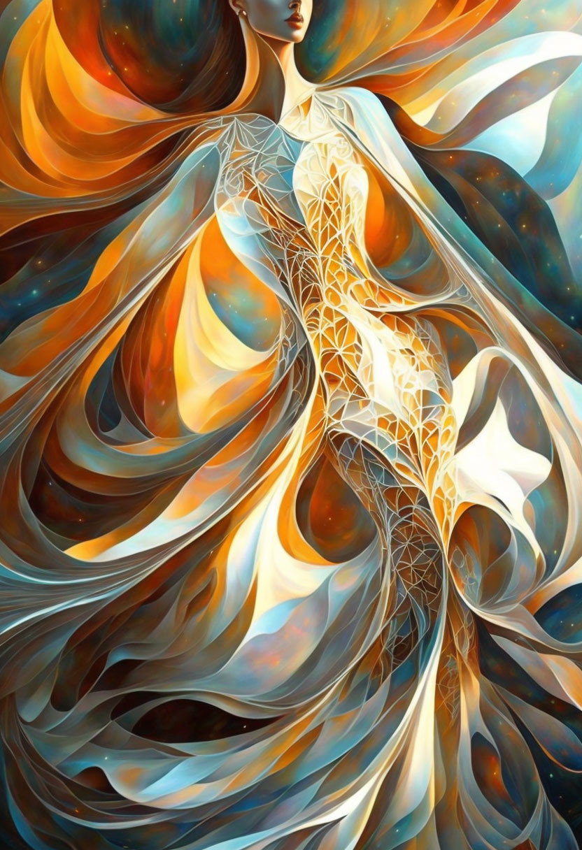 Vibrant digital artwork of woman with cosmic dress in abstract space background