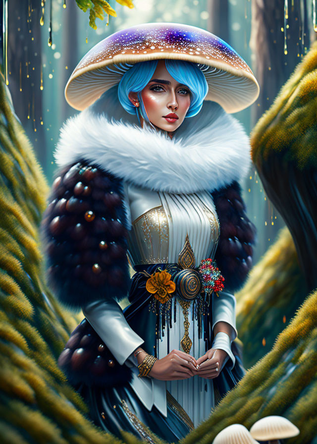 Fantasy illustration of woman with blue hair in galaxy-themed hat in enchanted forest