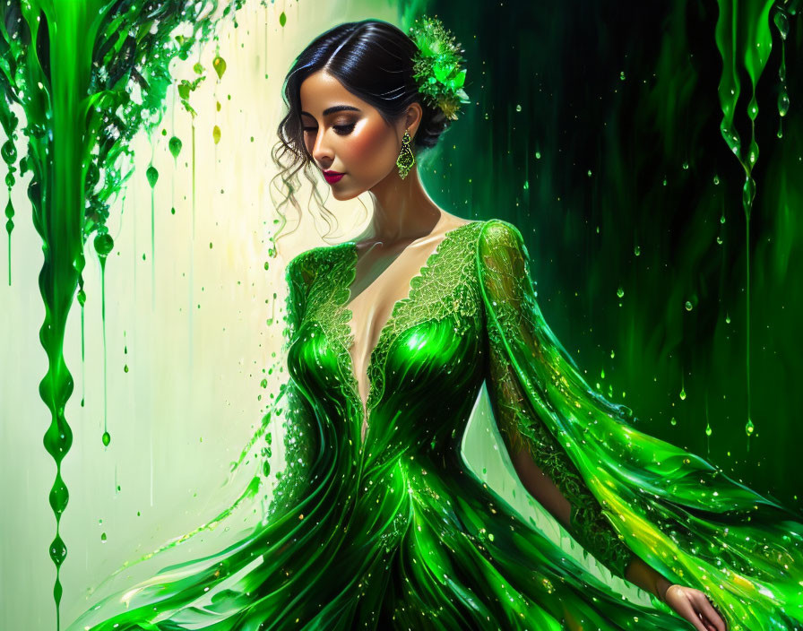 Woman in Elegant Green Dress Against Vibrant Green Background