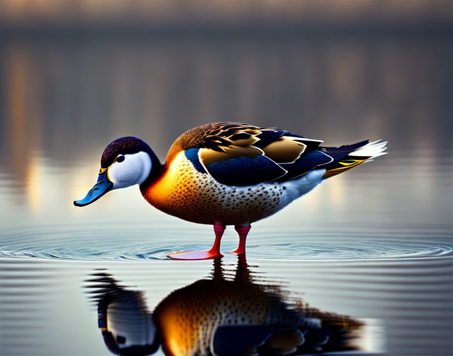 Vibrant duck in serene water with clear reflection and blurred twilight background.