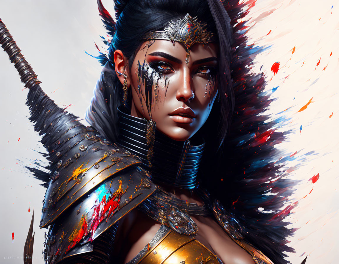 Warrior woman digital art: Dark-haired figure in ornate armor with gold headpiece, set against