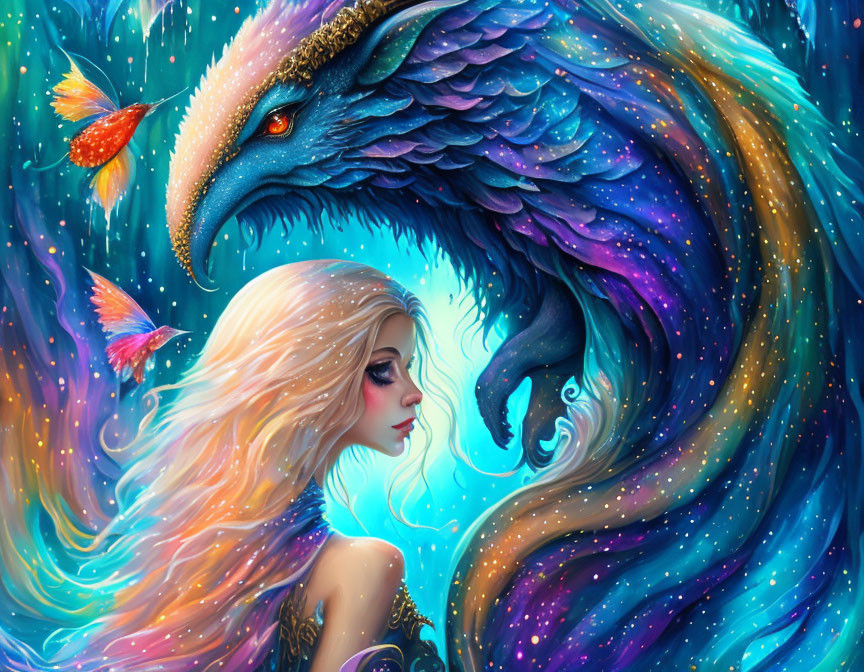 Woman with flowing hair next to mythical dragon under starry sky and butterflies.