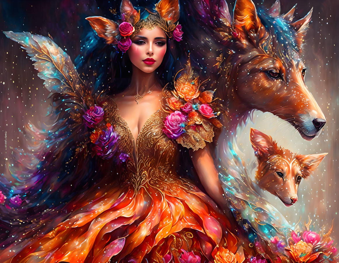 Mystical woman in golden attire with wolves in cosmic setting