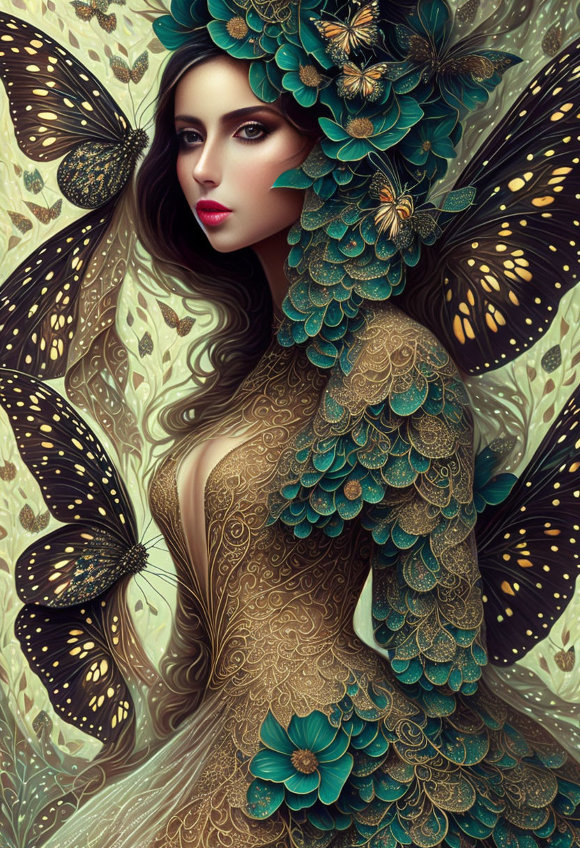 Illustrated Woman with Dark Hair and Butterfly Headpiece in Art Nouveau Style