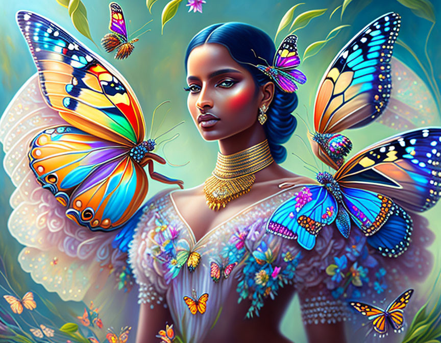Colorful Butterfly Adorned Woman with Gold Necklace