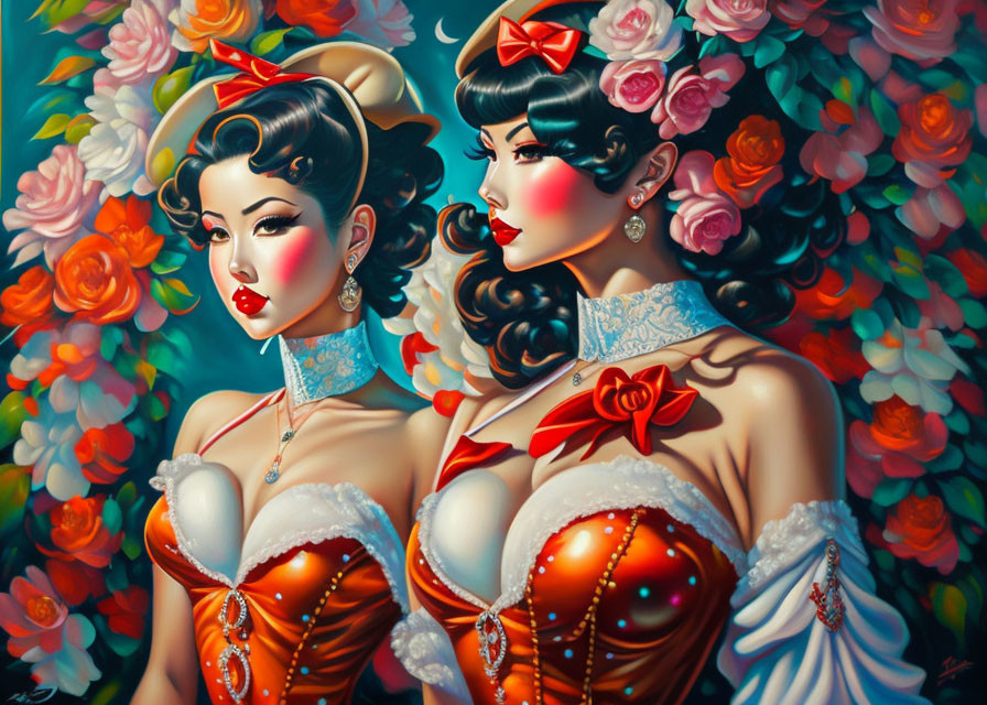 Stylized retro women in red corsets with victory rolls and flowers