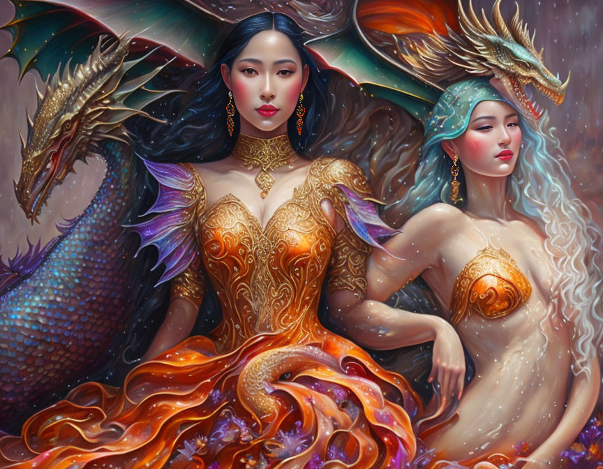 Ethereal women in fiery and aquatic attire with a majestic dragon