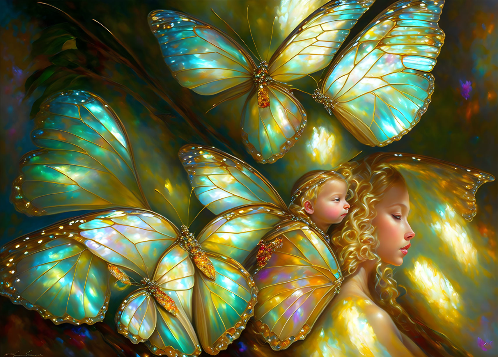 Colorful digital artwork: Woman & child with butterfly wings in vibrant setting