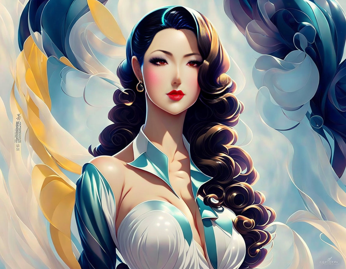 Woman with Dark Hair, Red Lips, Blue Outfit, and Swirling Background