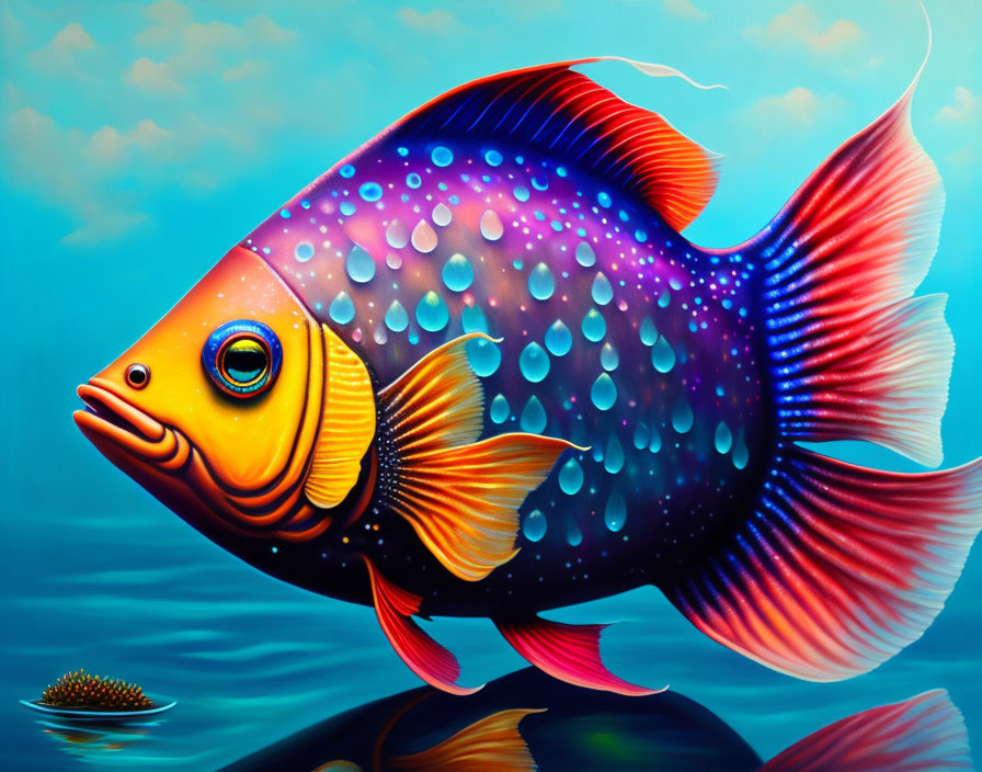 Colorful fish with dots and stripes in blue water with eggs.