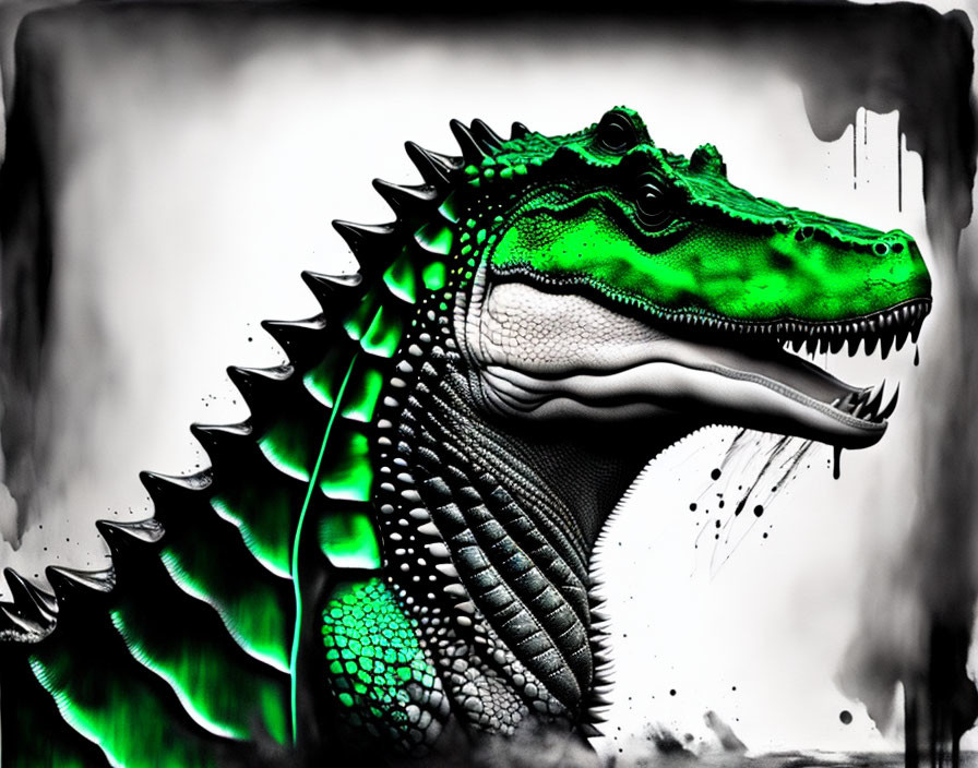 Colorful Digital Art: Green Crocodile with Exaggerated Spine on Watercolor Background