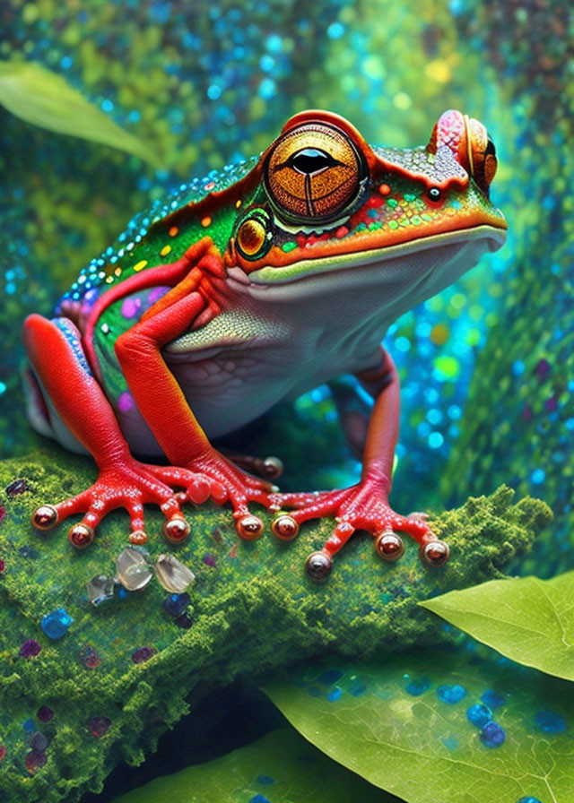 Colorful Digital Artwork: Frog with Red Feet on Green Leaf