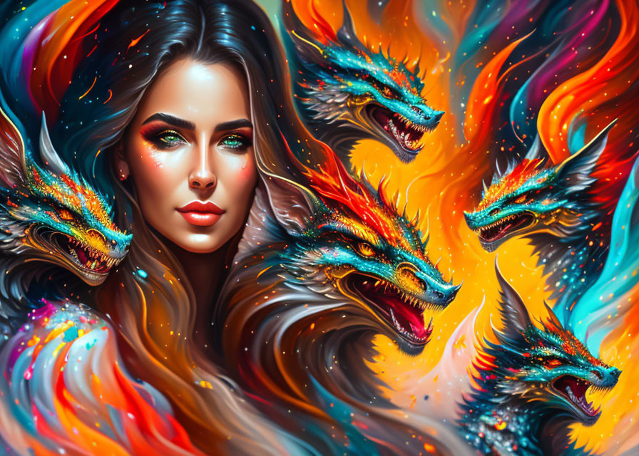 Vibrant colorful dragons surround a woman with striking features