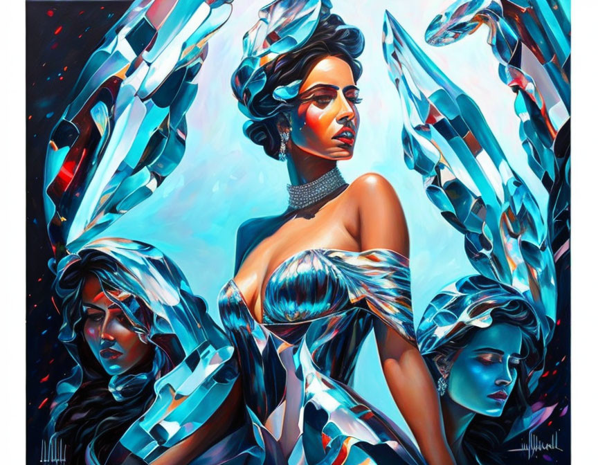 Colorful Artwork: Central Figure with Mirrored Profiles and Dynamic Crystalline Formations