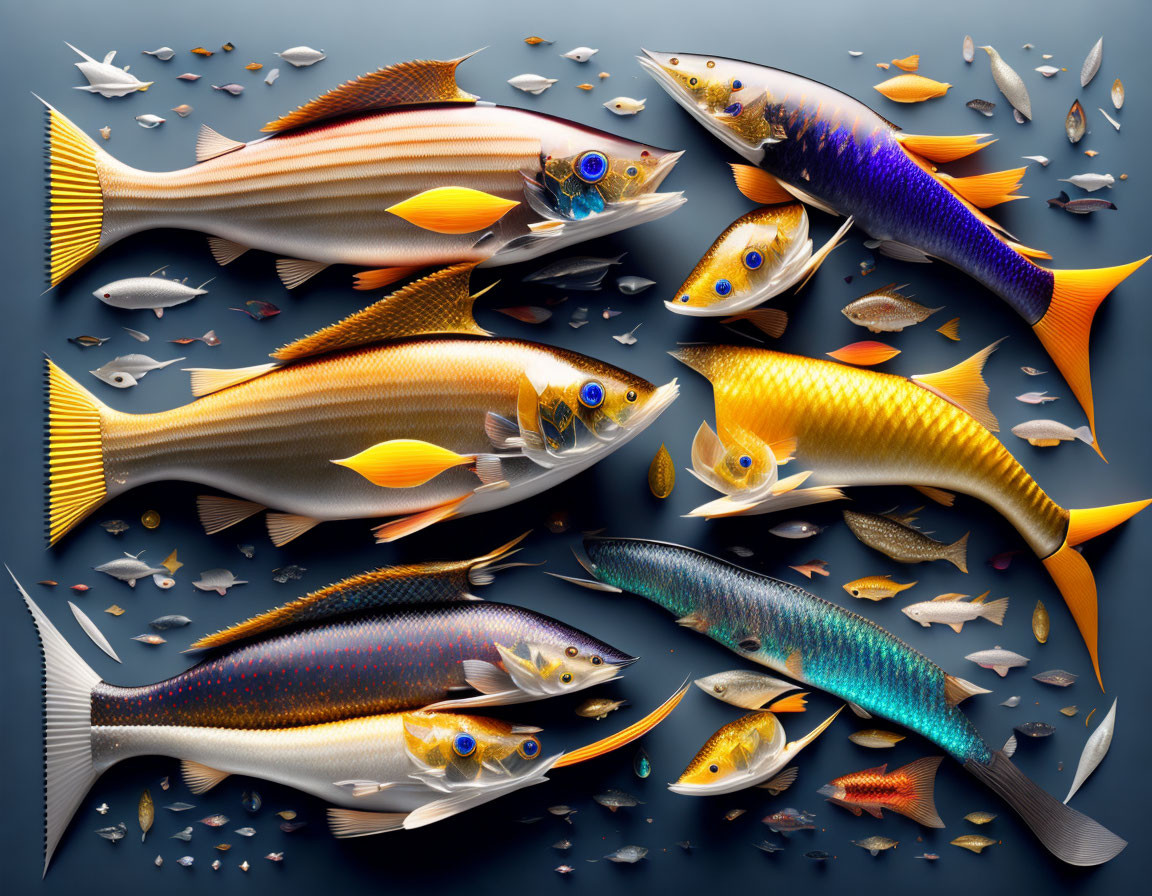 Colorful Illustrated Fish Swimming Among Falling Feathers on Dark Background