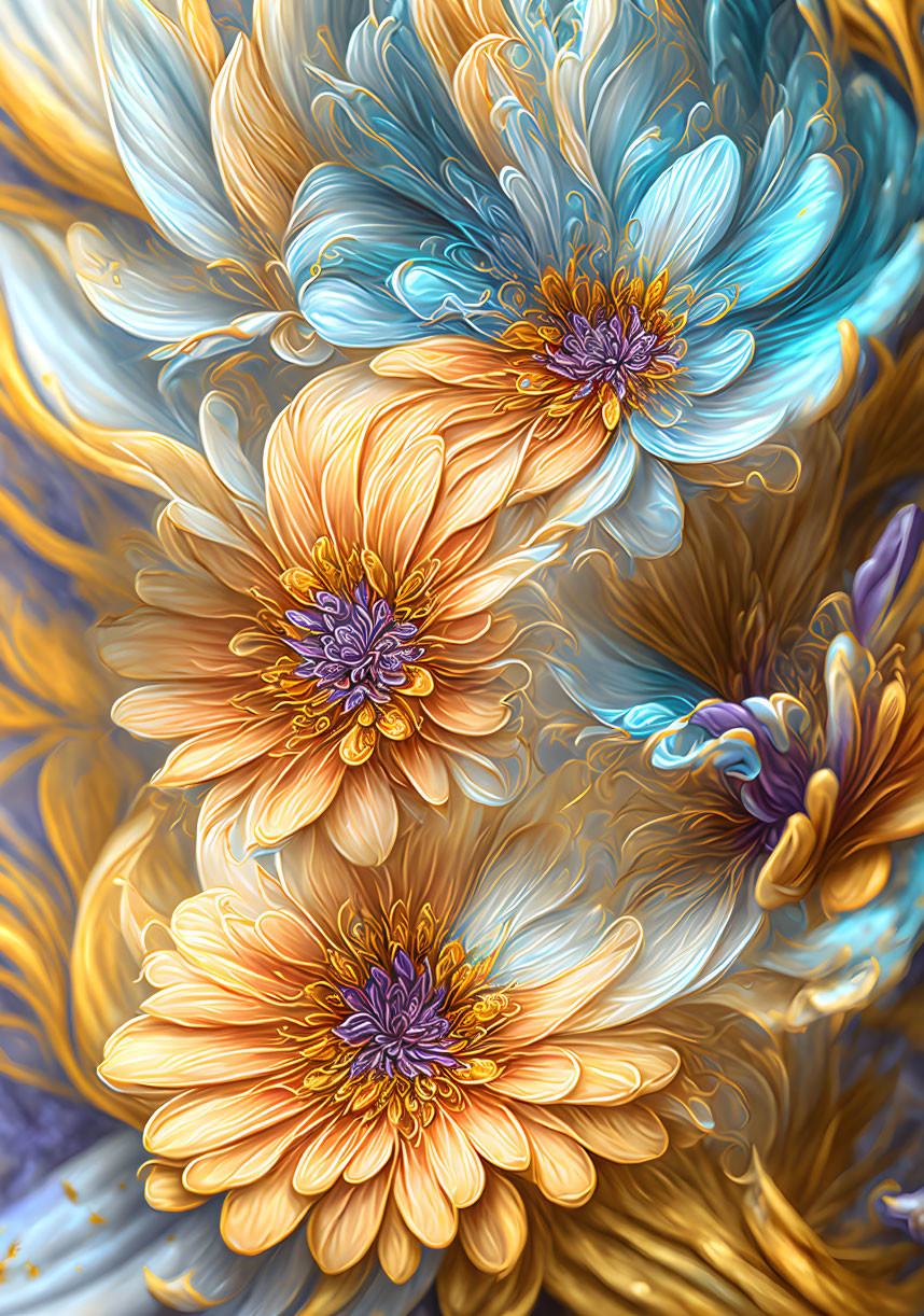 Colorful digital art: Stylized flowers with swirling golden-yellow and blue petals.