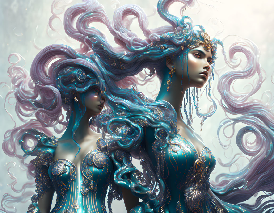 Intricate mythical female figures in turquoise armor against luminous backdrop