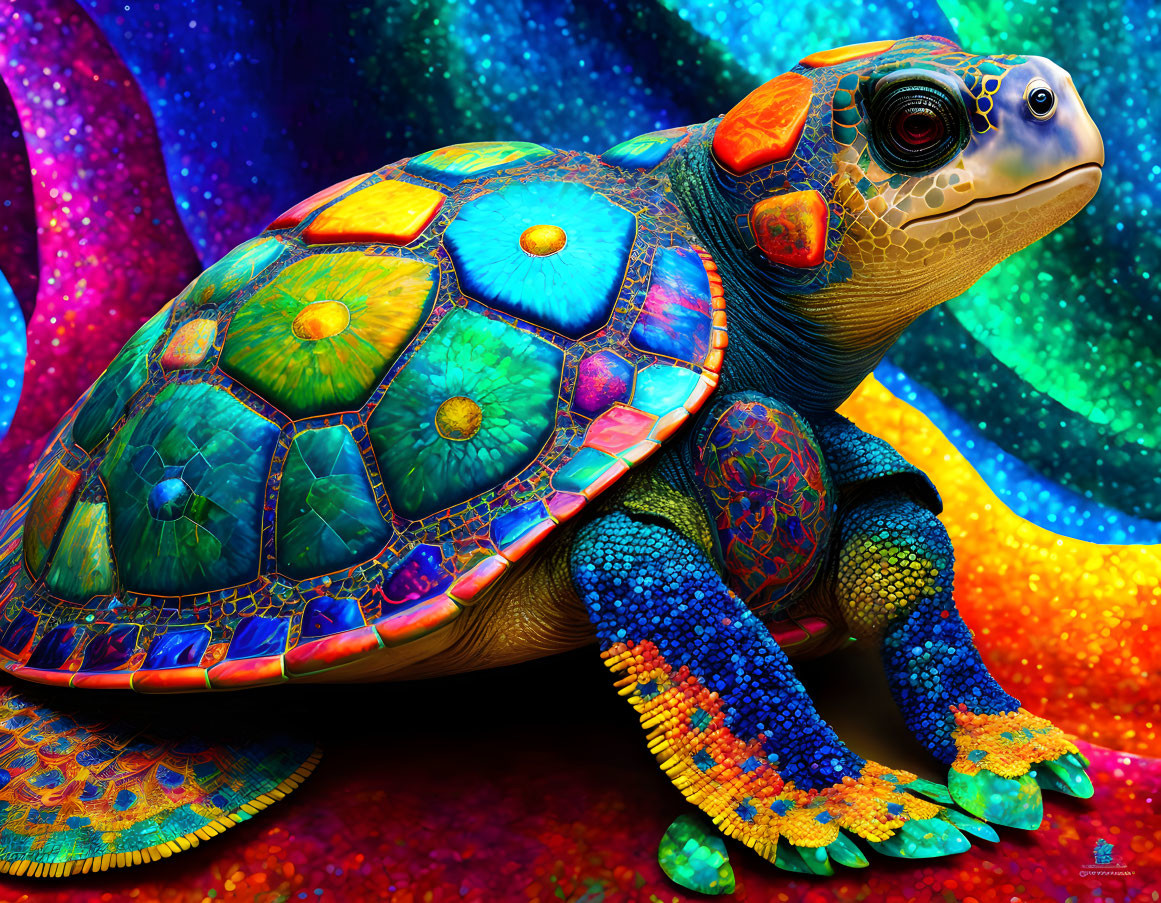 Colorful Turtle with Cosmic Background: Intricate Patterns on Shell