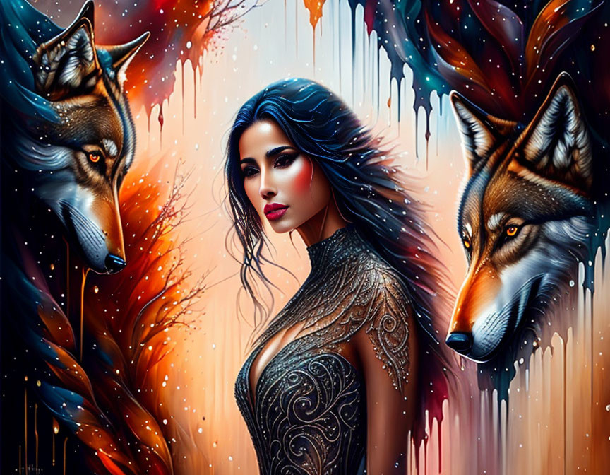 Dark-haired woman between two wolf heads in vibrant autumn setting