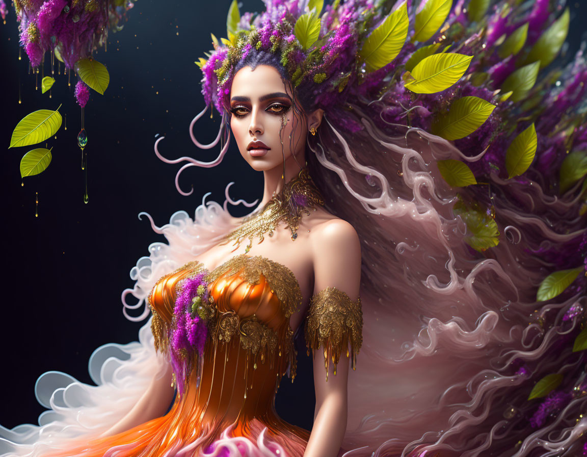 Fantasy image: Woman with floral headpiece, purple hair, golden shoulder adornments, orange dress