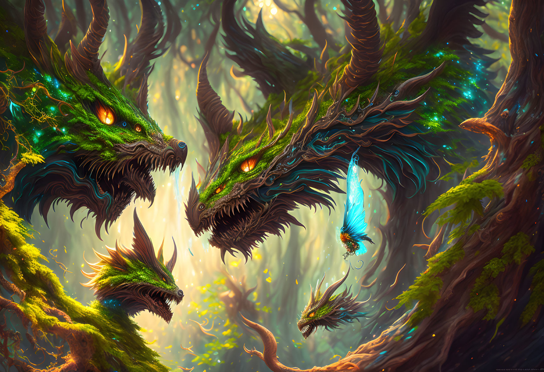 Multiple Green Dragons in Enchanted Forest with Glowing Eyes