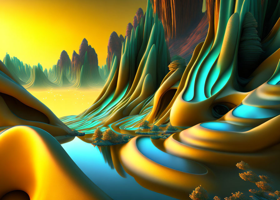 Surreal landscape: flowing formations, reflective water, scattered vegetation.