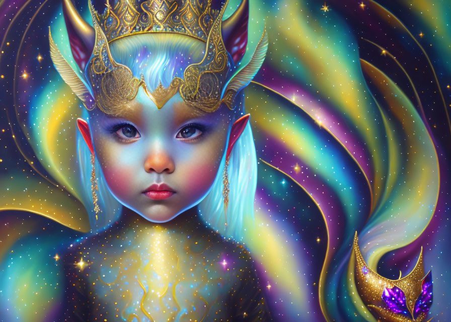 Child with Elfin Features Wearing Golden Crown in Cosmic Portrait