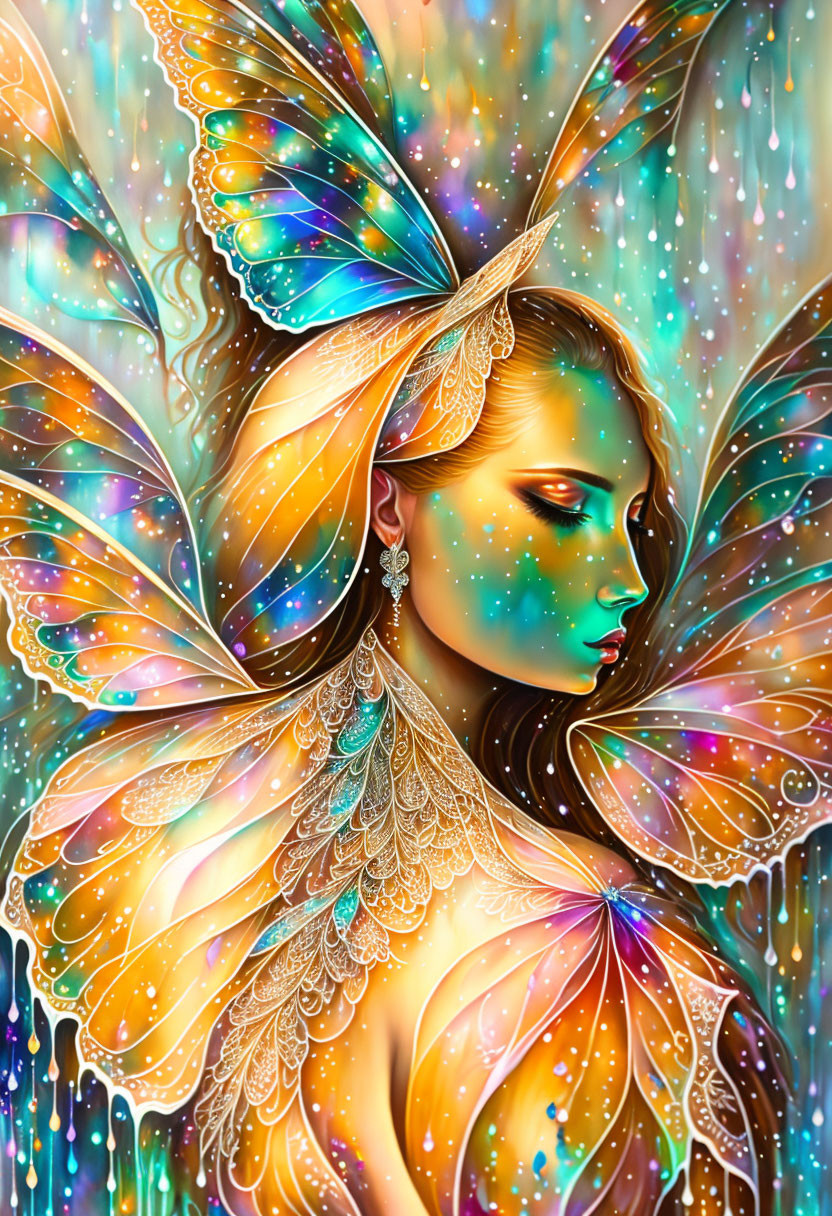 Colorful illustration: Woman with butterfly wings and intricate patterns