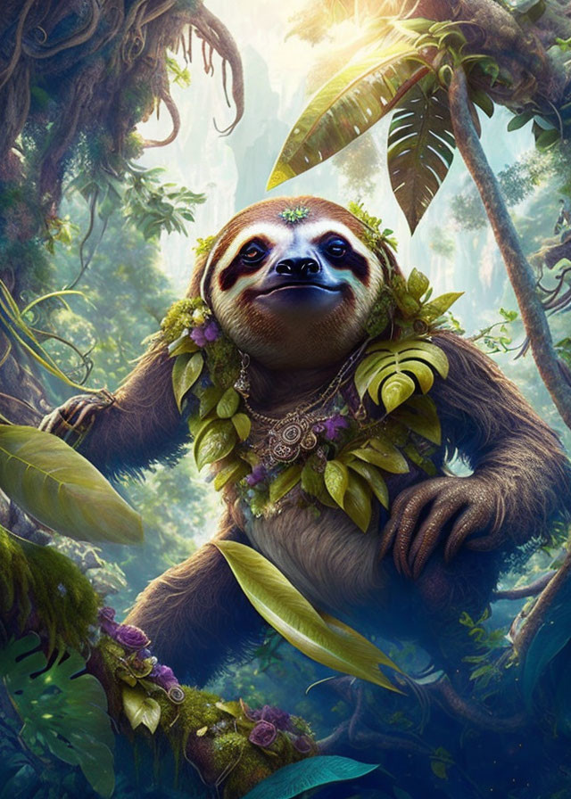 Fantastical sloth with blue eyes in enchanted forest with leafy garlands