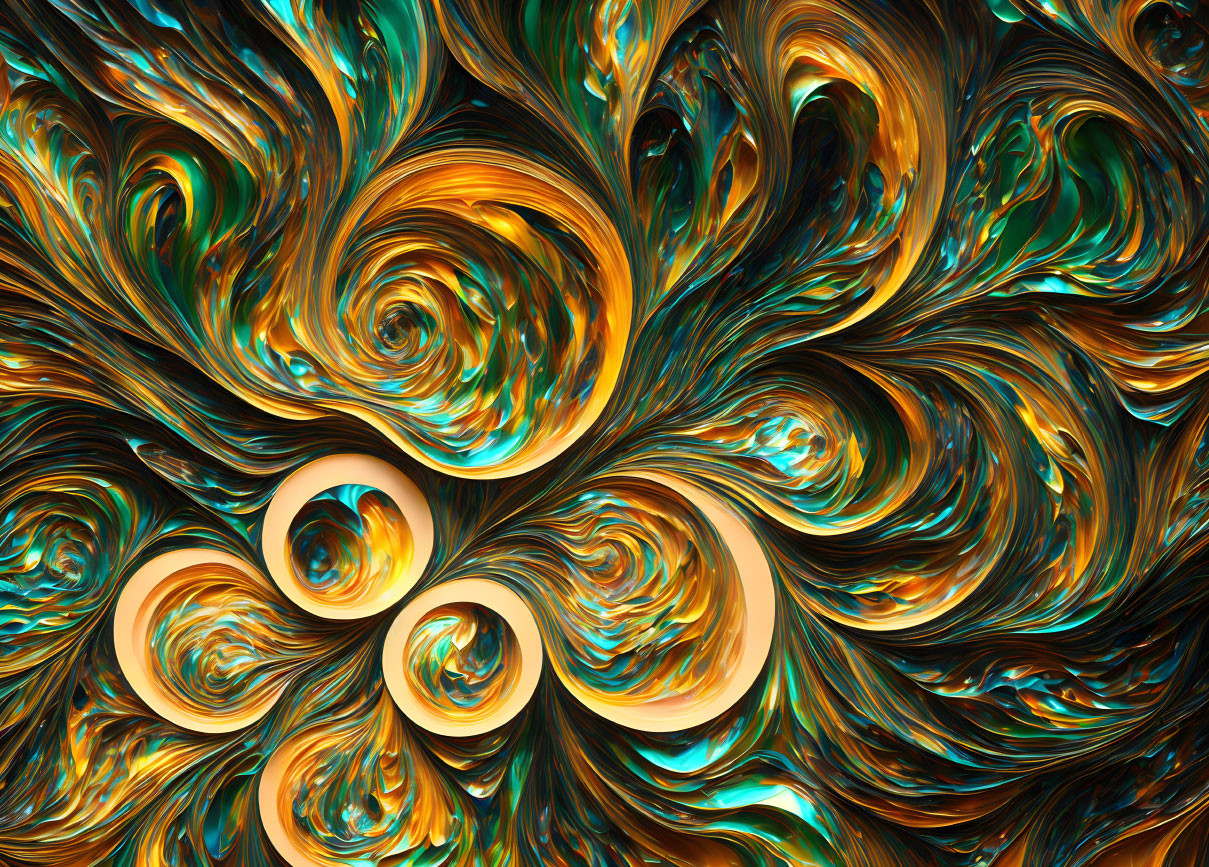 Colorful Abstract Art: Swirling Orange, Teal, and Gold Patterns