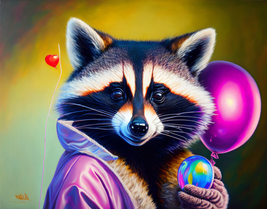 Colorful Raccoon Portrait with Heart Balloon and Reflective Marble