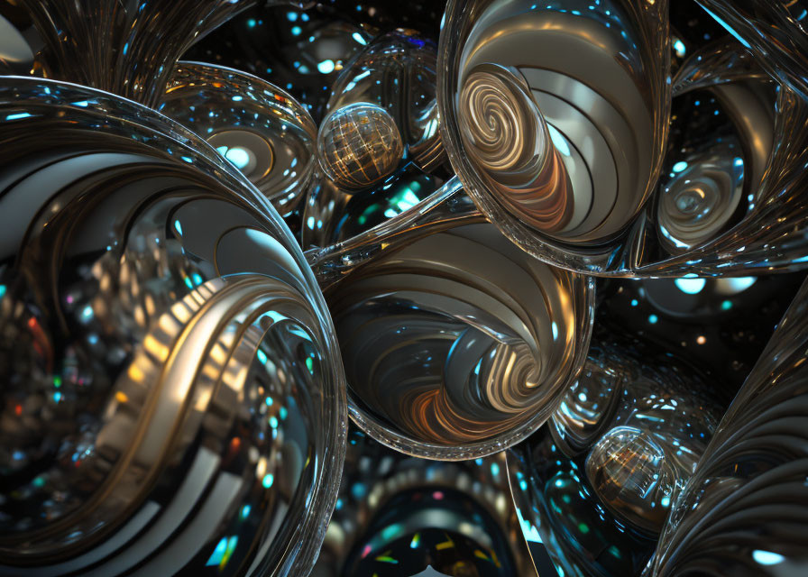 Shiny metallic 3D render with swirling shapes & reflective surfaces