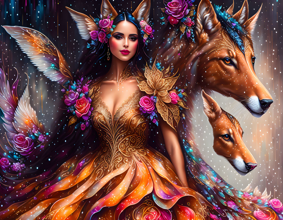 Illustration of woman merging with fox in golden dress amid galaxies and flowers