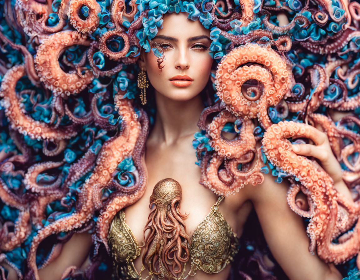 Elaborate octopus-inspired hairstyle with blue flowers and ornate brass bra.