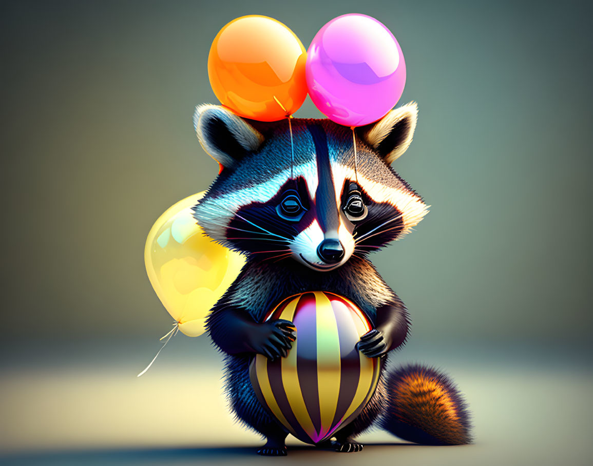 Cute raccoon with ball and balloons on soft background