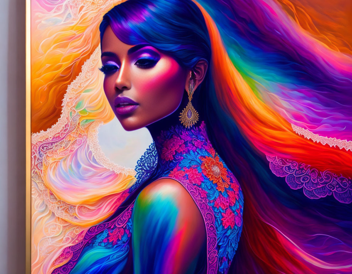 Colorful digital artwork of elegant woman with intricate patterns and flowing hair
