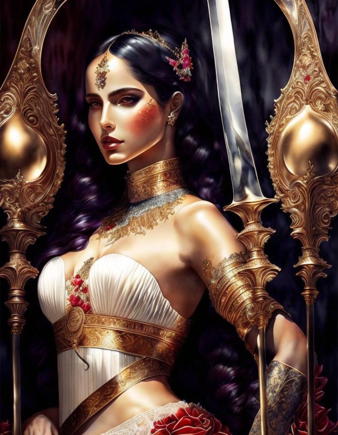 Fantasy Artwork: Woman with Dark Hair and Golden Jewelry Holding Spears