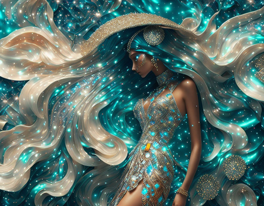 Digital artwork of woman with flowing star-infused hair in cosmic setting