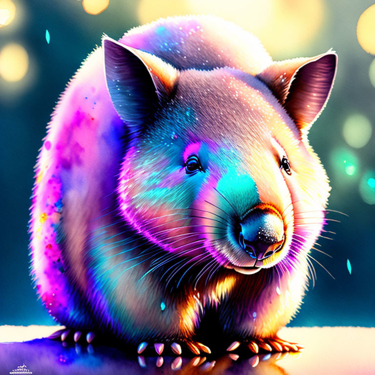 Colorful wombat illustration with glowing, fantastical look on bokeh light backdrop