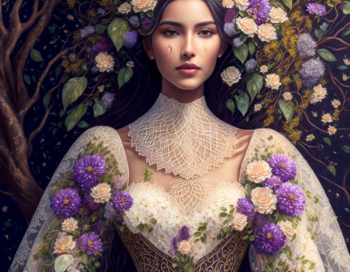 Digital artwork: Woman with dark hair in floral lace dress surrounded by flowers