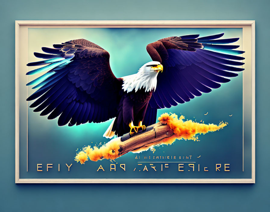 Digitally Enhanced Bald Eagle Landing on Branch with Flames in Modern Frame