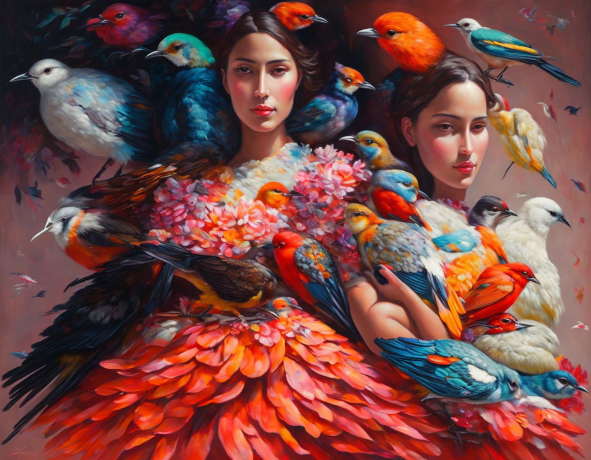 Colorful Birds Perched on Women in Floral Attire Against Moody Background