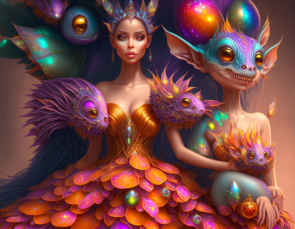 Fantasy illustration of regal woman with colorful plumage and whimsical creatures