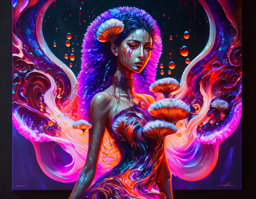 Colorful artwork of woman with neon colors and swirling patterns